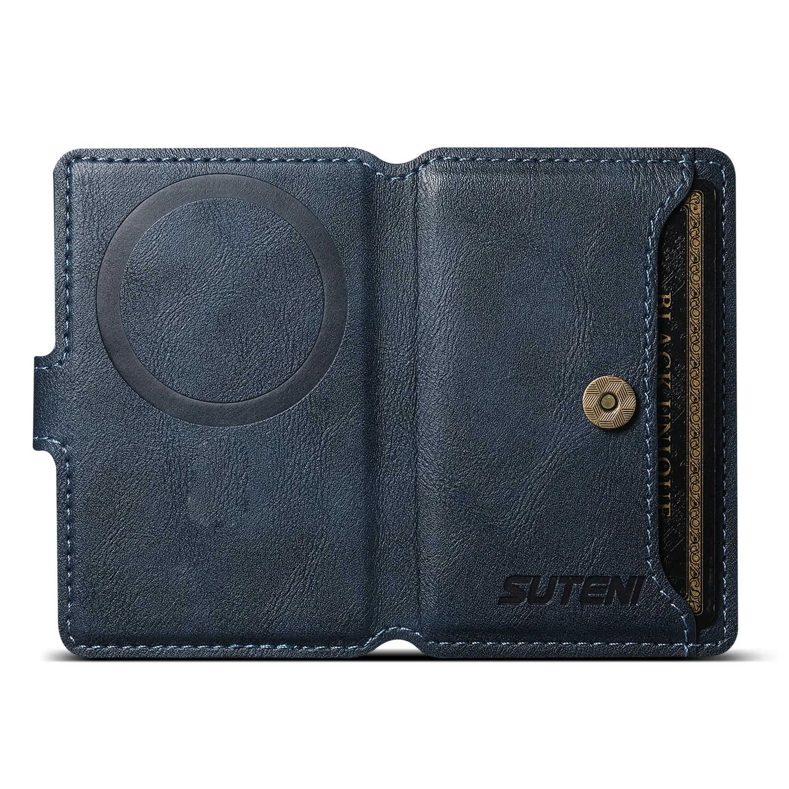 Blue leather MagSafe phone wallet open view with embossed magnetic circle and snap button
