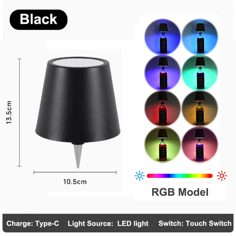 Black outdoor LED bottle lamp, RGB color-changing light with tapered shade