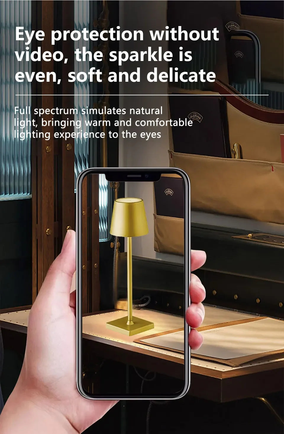 Desk lamp with warm light controlled via smartphone screen