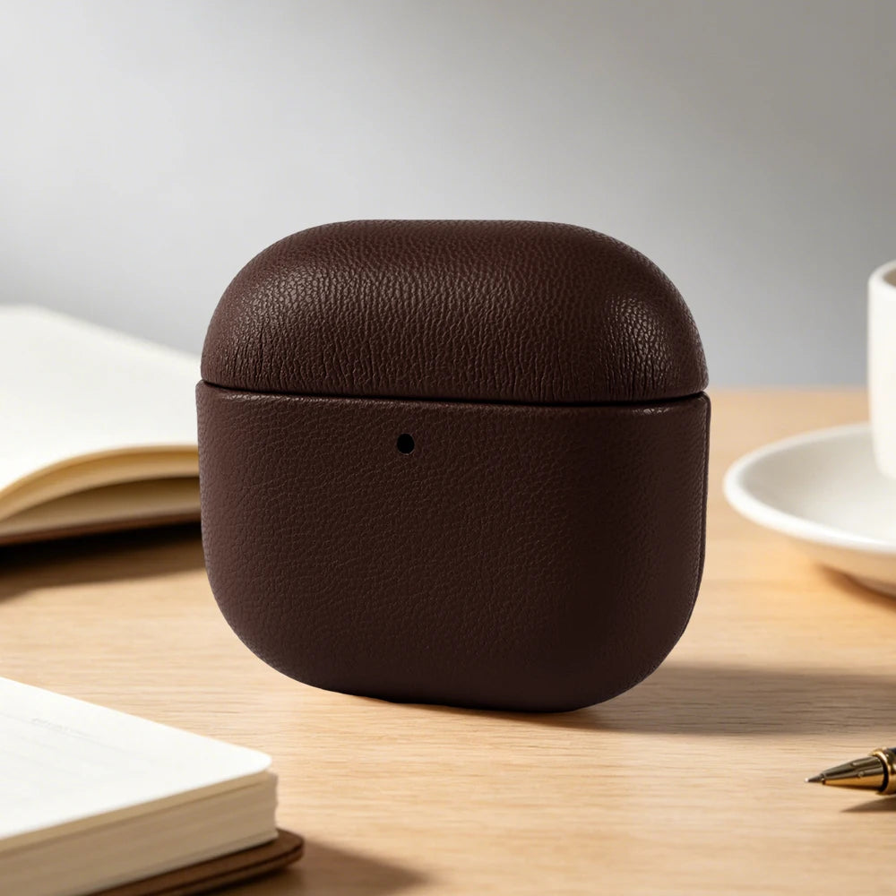 Dark Brown eco leather AirPods case, closed with pebble-grain texture