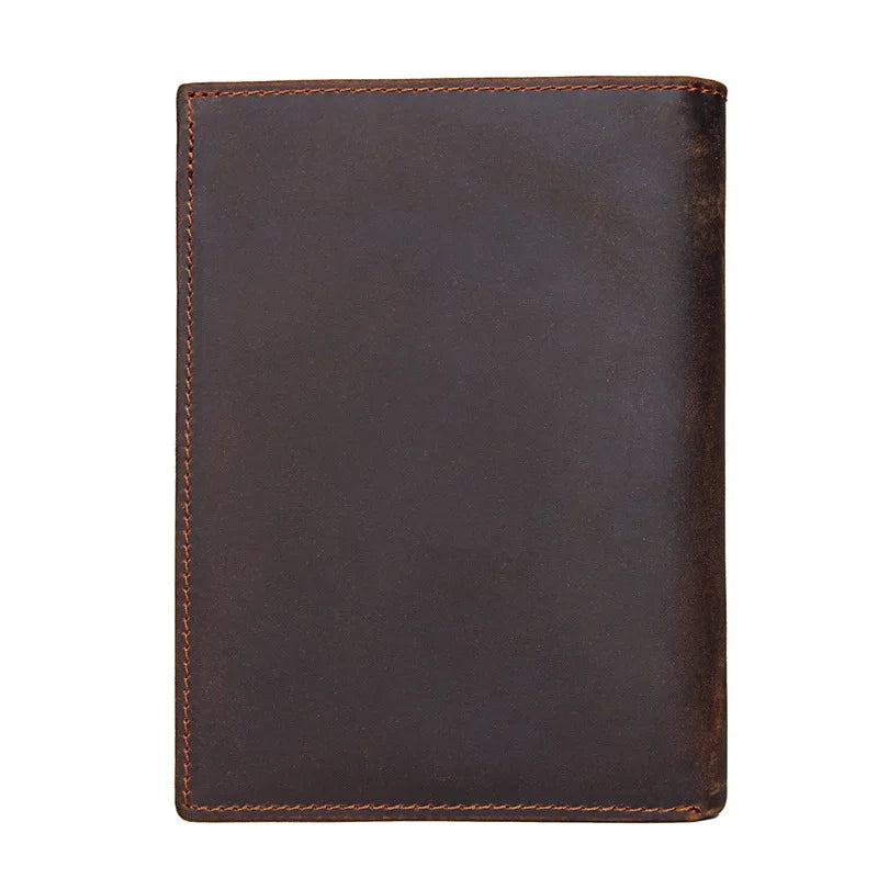 Compact travel document wallet, dark brown front with stitched edges