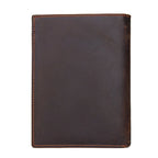 Compact travel document wallet, dark brown front with stitched edges