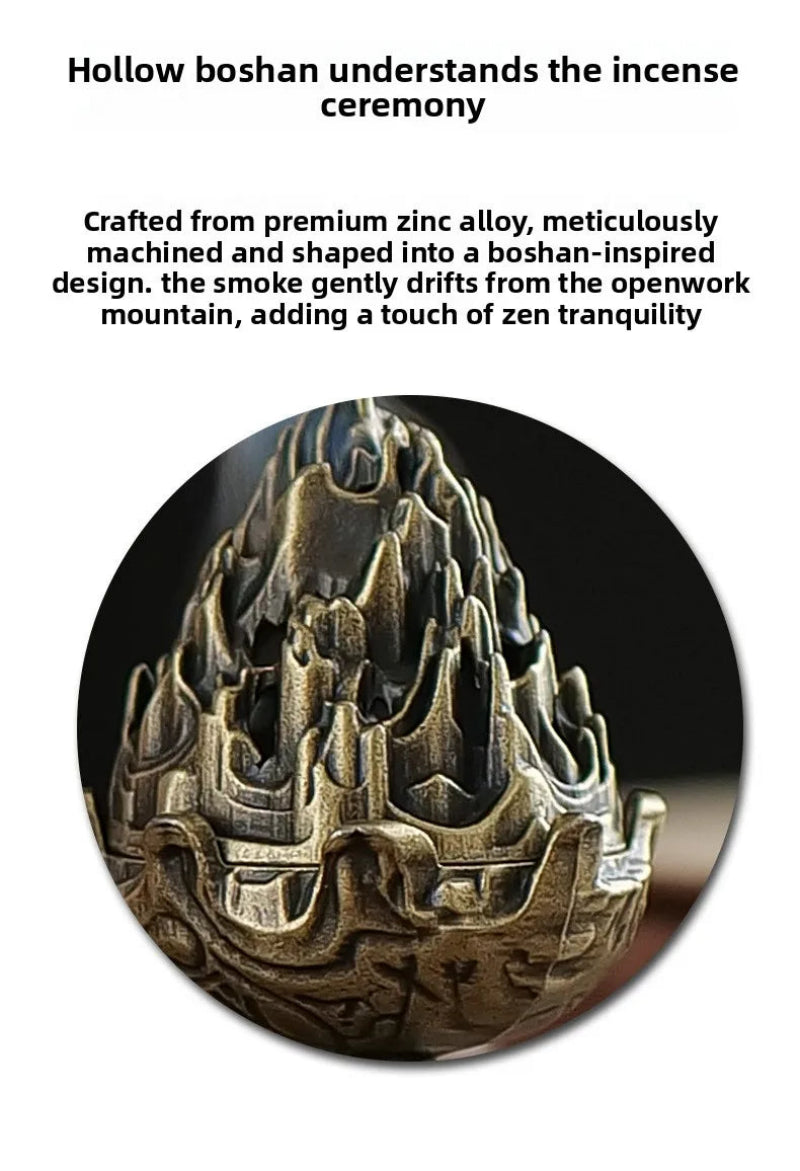 Boshan incense burner detail view, bronze-gold textured top on a sculpted base.