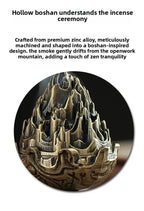 Boshan incense burner detail view, bronze-gold textured top on a sculpted base.