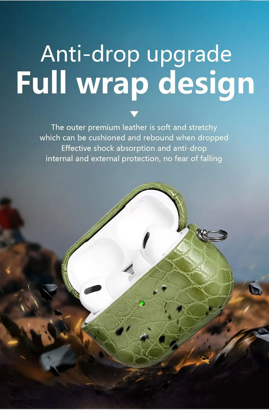 Emerald green crocodile-grain full-wrap AirPods case with keychain clip.