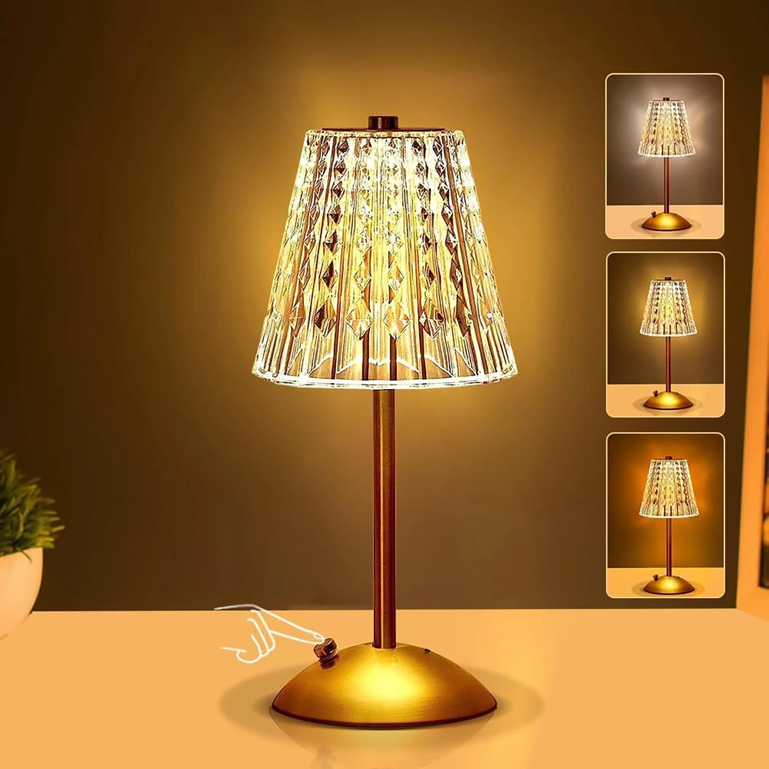 Champagne gold lamp with faceted crystal-look shade and tall gold stand