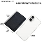 Black tri-fold wallet stand with slim profile, shown with phone back