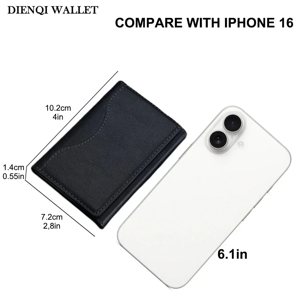 Black tri-fold wallet stand with slim profile, shown with phone back