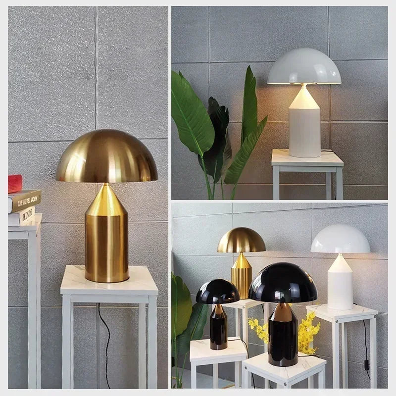 Nordic mushroom table lamp set: gold dome head, gold base, and white lamp shade