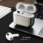 Silver-tone plated lanyard AirPods case open with earbuds and protective leather shell