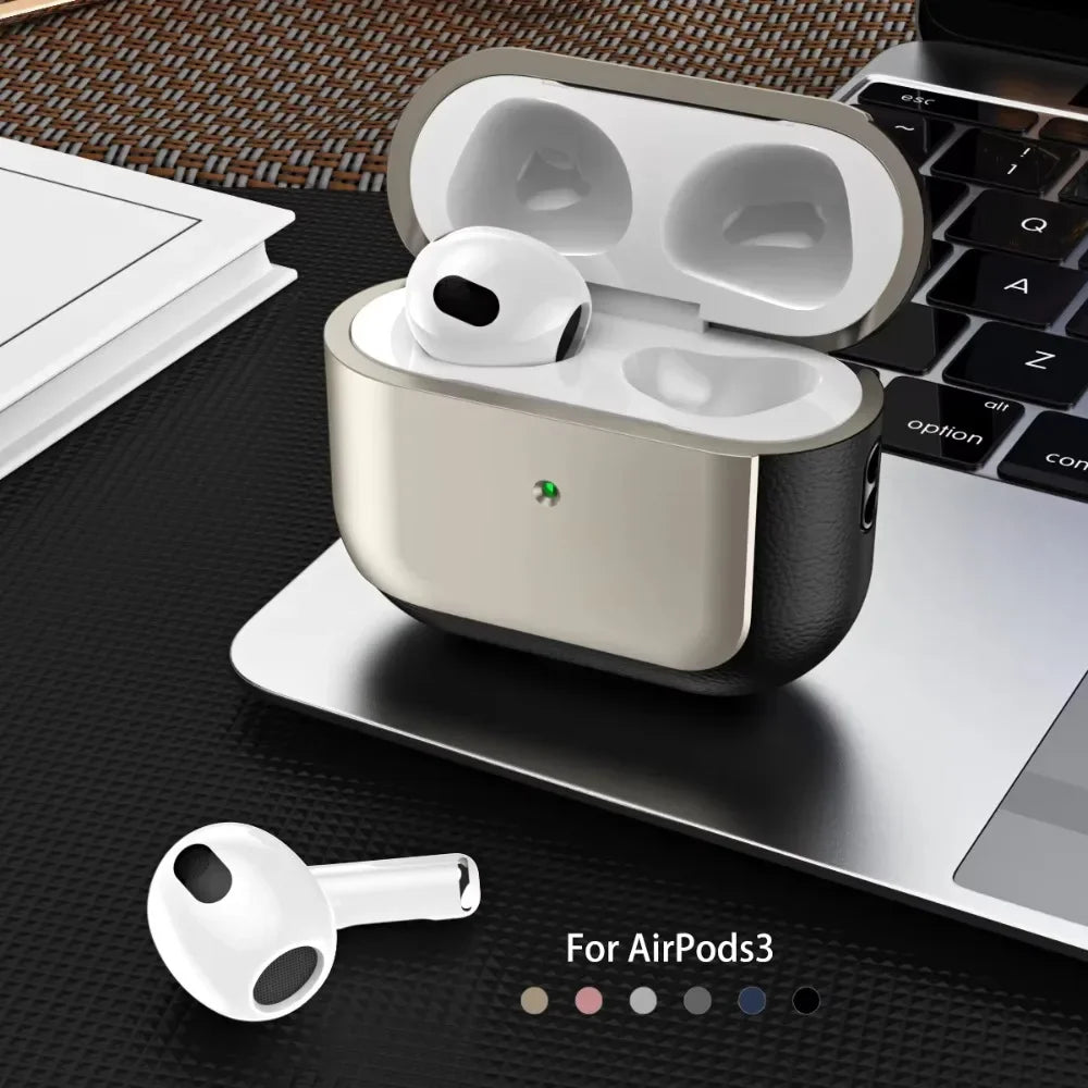 Silver-tone plated lanyard AirPods case open with earbuds and protective leather shell