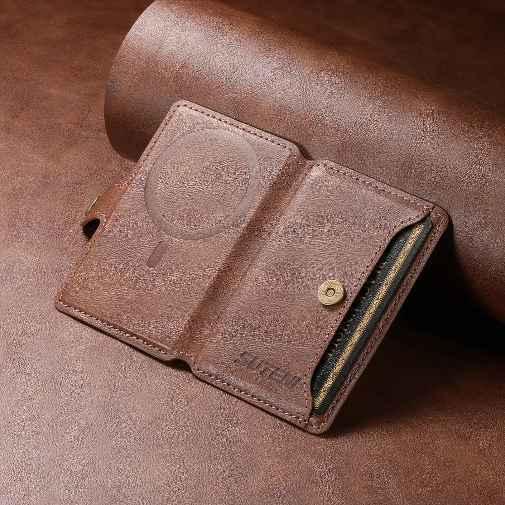 Brown leather phone wallet with circular magnetic area and side card compartment