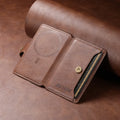 Brown leather phone wallet with circular magnetic area and side card compartment