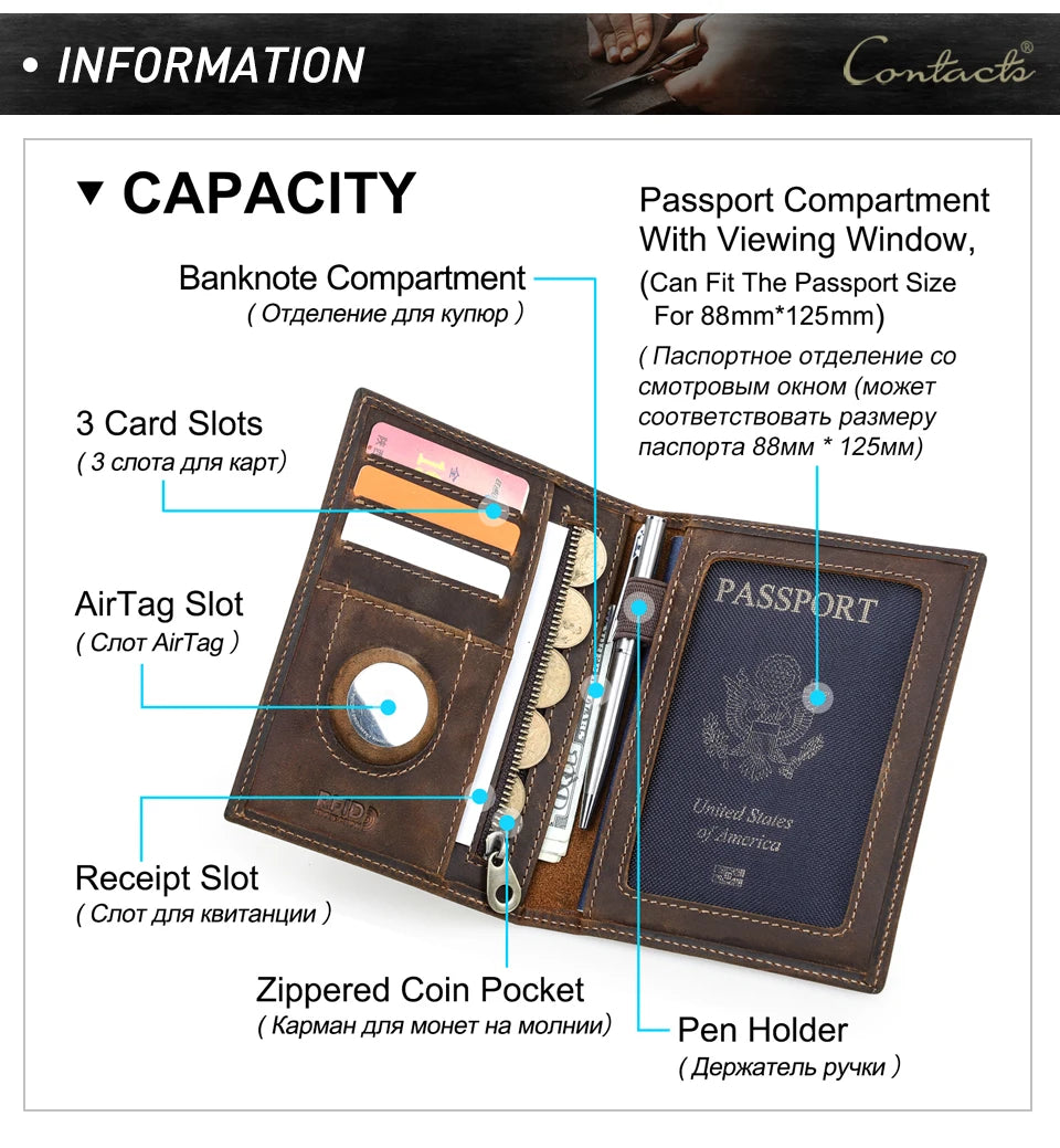 Brown passport wallet layout: passport window, 3 card slots, AirTag slot, coin pocket