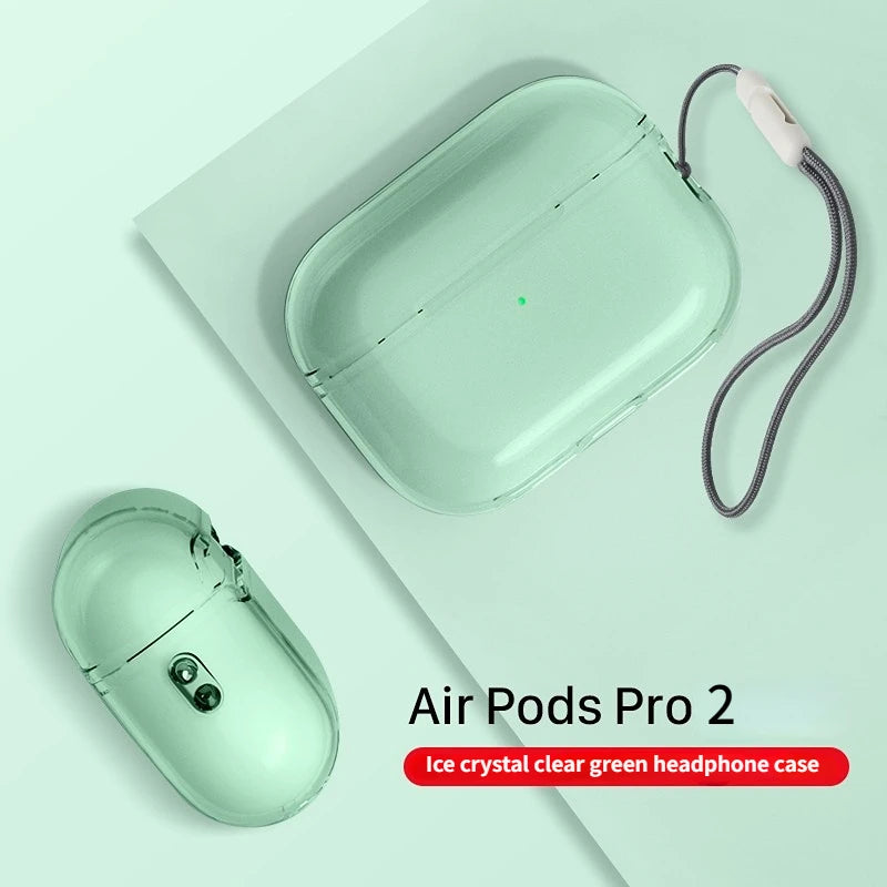 Ice crystal clear green AirPods Pro 2 TPU case with wrist strap