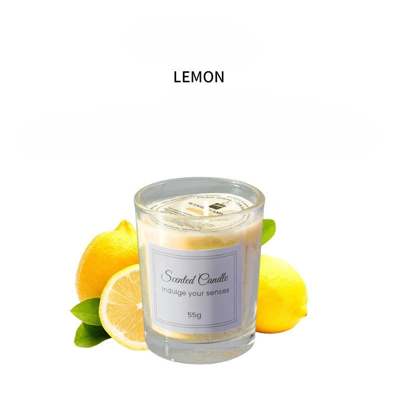 Signature scented candle in glass jar, Lemon scent, 55g label on front.