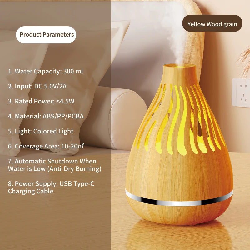 Yellow wood grain aroma diffuser with glowing mist vents, releasing visible mist.