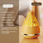 Yellow wood grain aroma diffuser with glowing mist vents, releasing visible mist.
