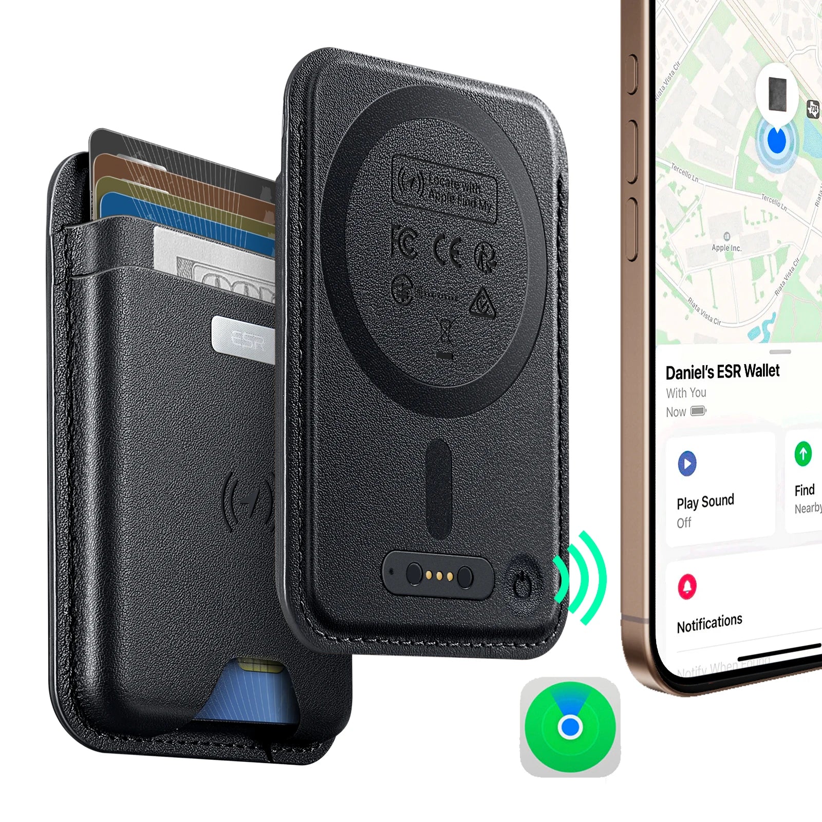 Find My Wallet in black leather with card slots and slim insert