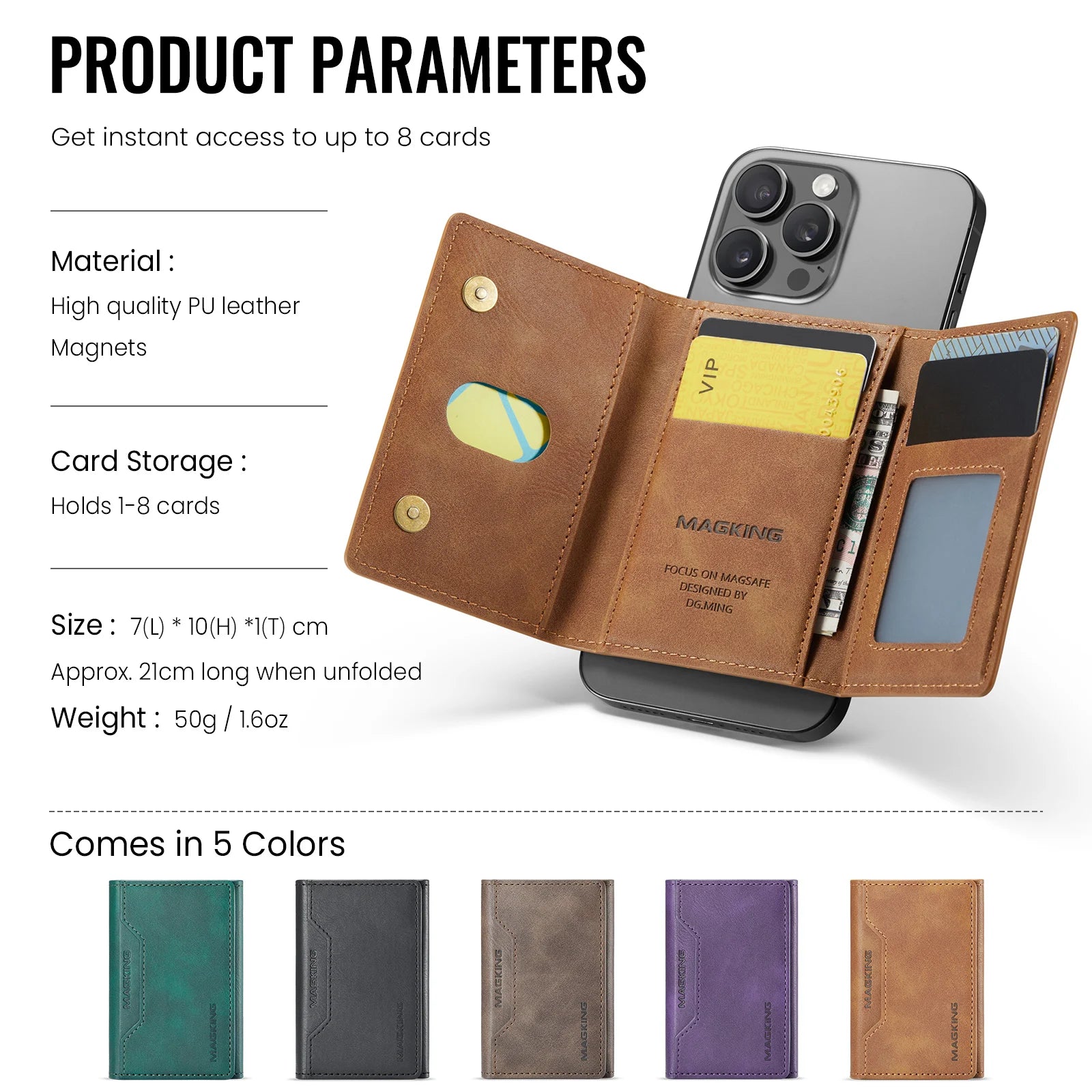 Brown slim leather wallet with snap closure and card slots, folded open