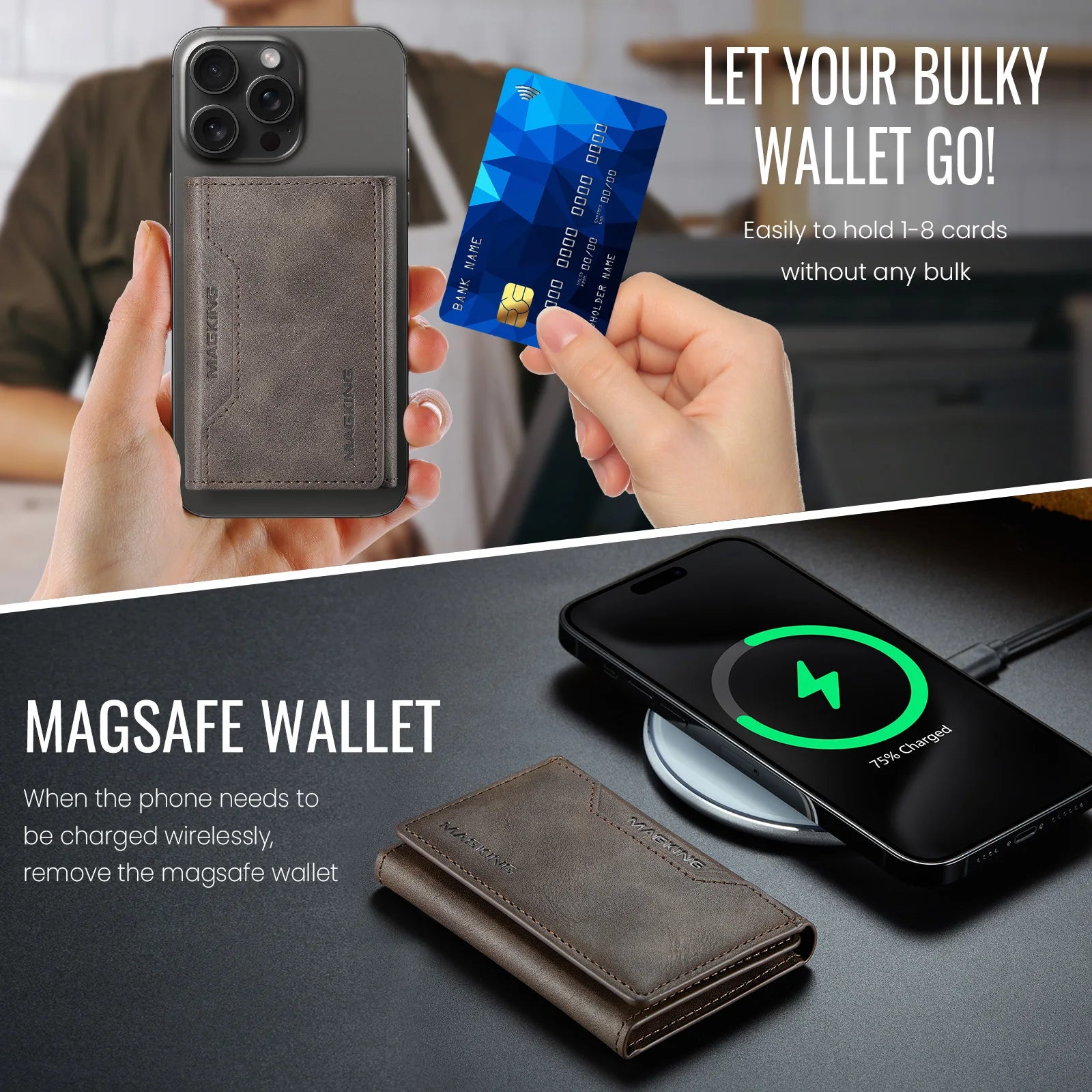 Slim leather wallet, brown leather, with card pocket shown in hand.