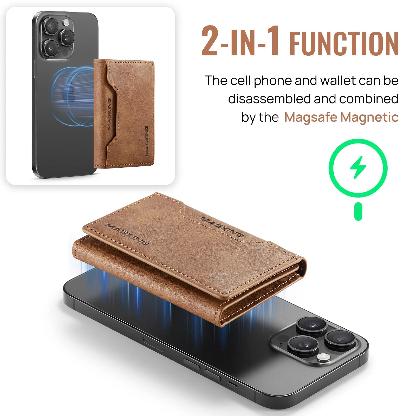 Tan slim leather wallet with card slots, closed design