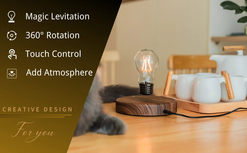 Glowing levitating bulb on wooden base with black cable across the tabletop
