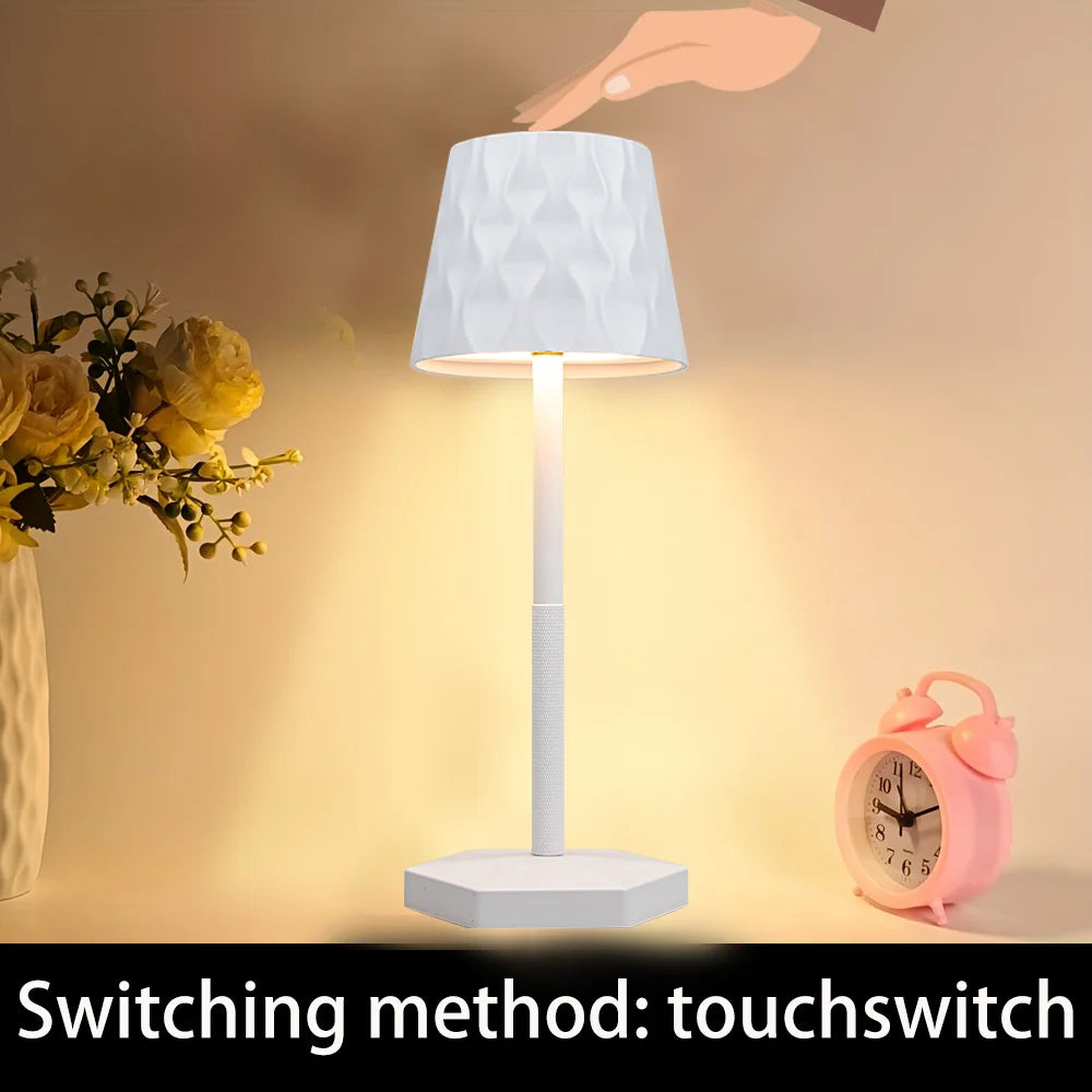 Pearl white touch lamp with textured ripple lampshade and white square base