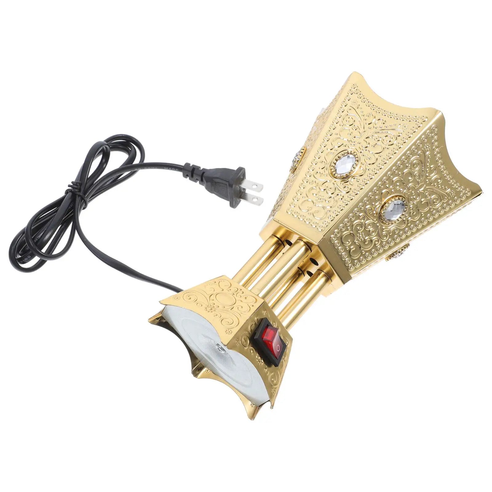 Antique gold LED bakhoor censer side view with white tray insert and power plug