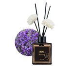 Lavender Calm 50ml mini reed diffuser: black bottle with white flower reeds
