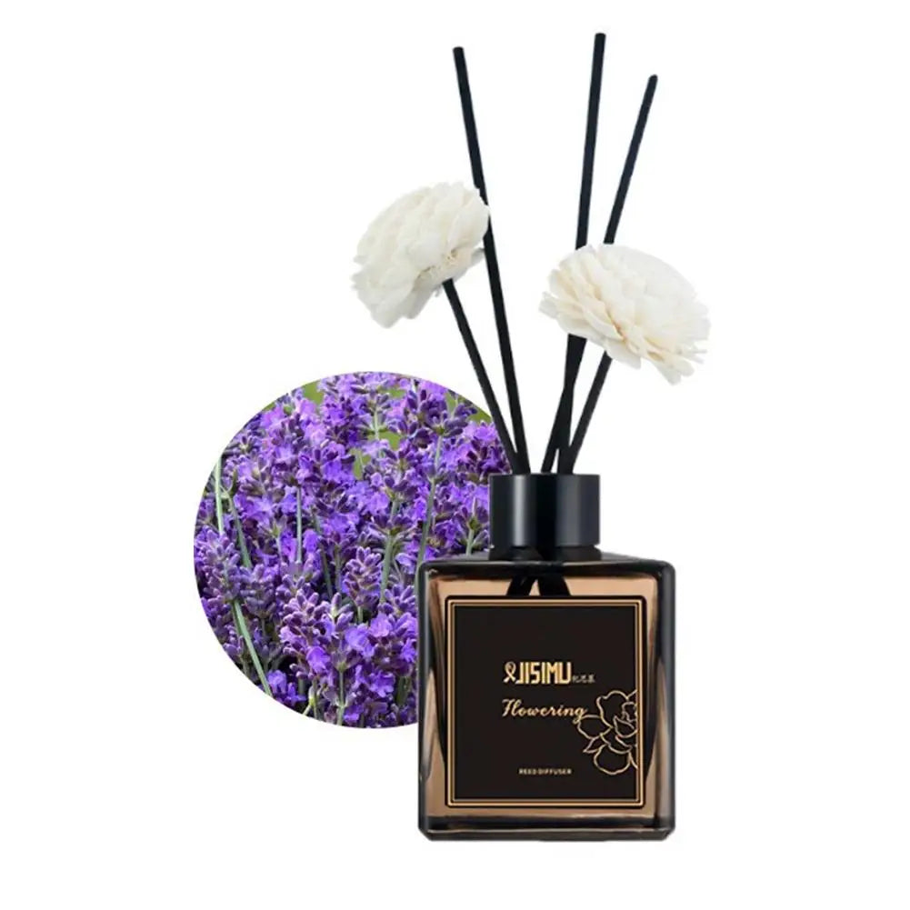 Lavender Calm 50ml mini reed diffuser: black bottle with white flower reeds
