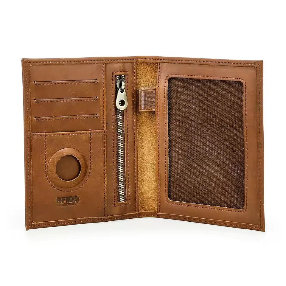 Cognac brown leather passport wallet interior with card slots, zipper pocket, and ID window