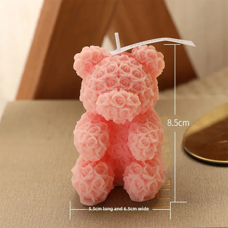 Pink rose bear scented candle with white wick, size 8.5cm height (approx.)