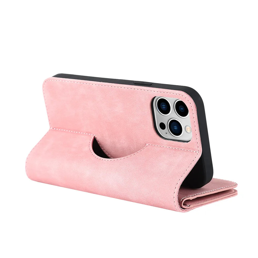 Blush pink MagSafe kickstand wallet with camera cutout and foldover stand