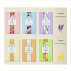 Six-sachet assortment chart: Lavender, Rose, Lily, Jasmine, Ocean, Lemon