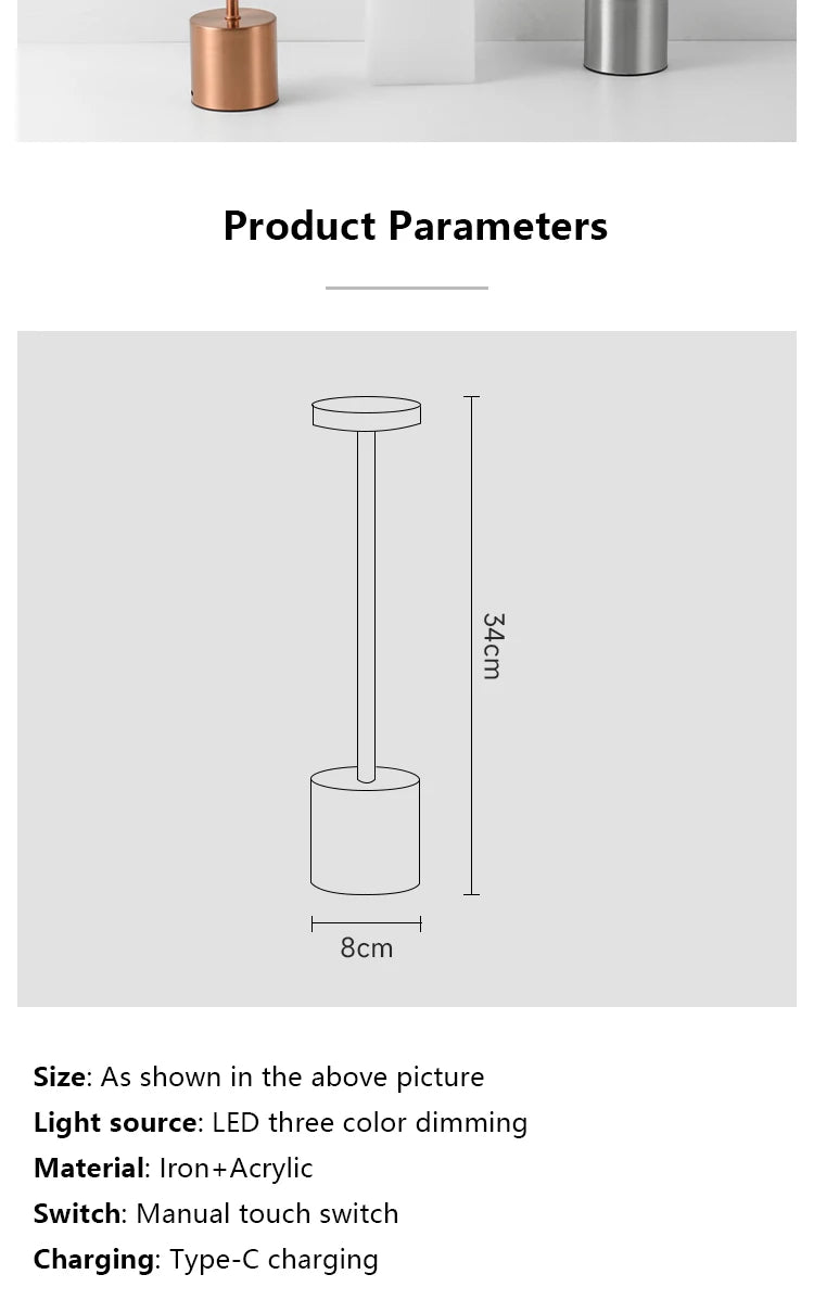 Cordless reading lamp product parameters diagram with height and base measurements