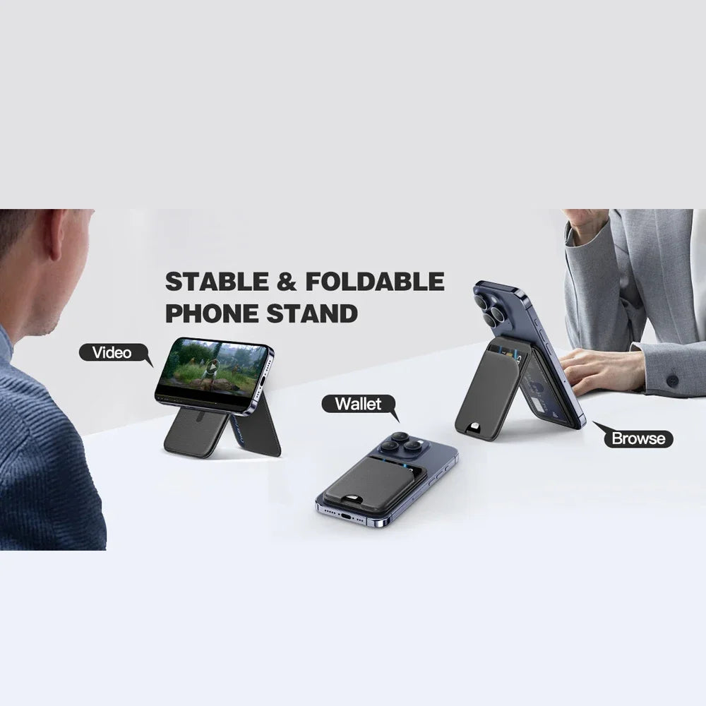 Dark MagSafe wallet stand with stable foldable tripod-style phone support
