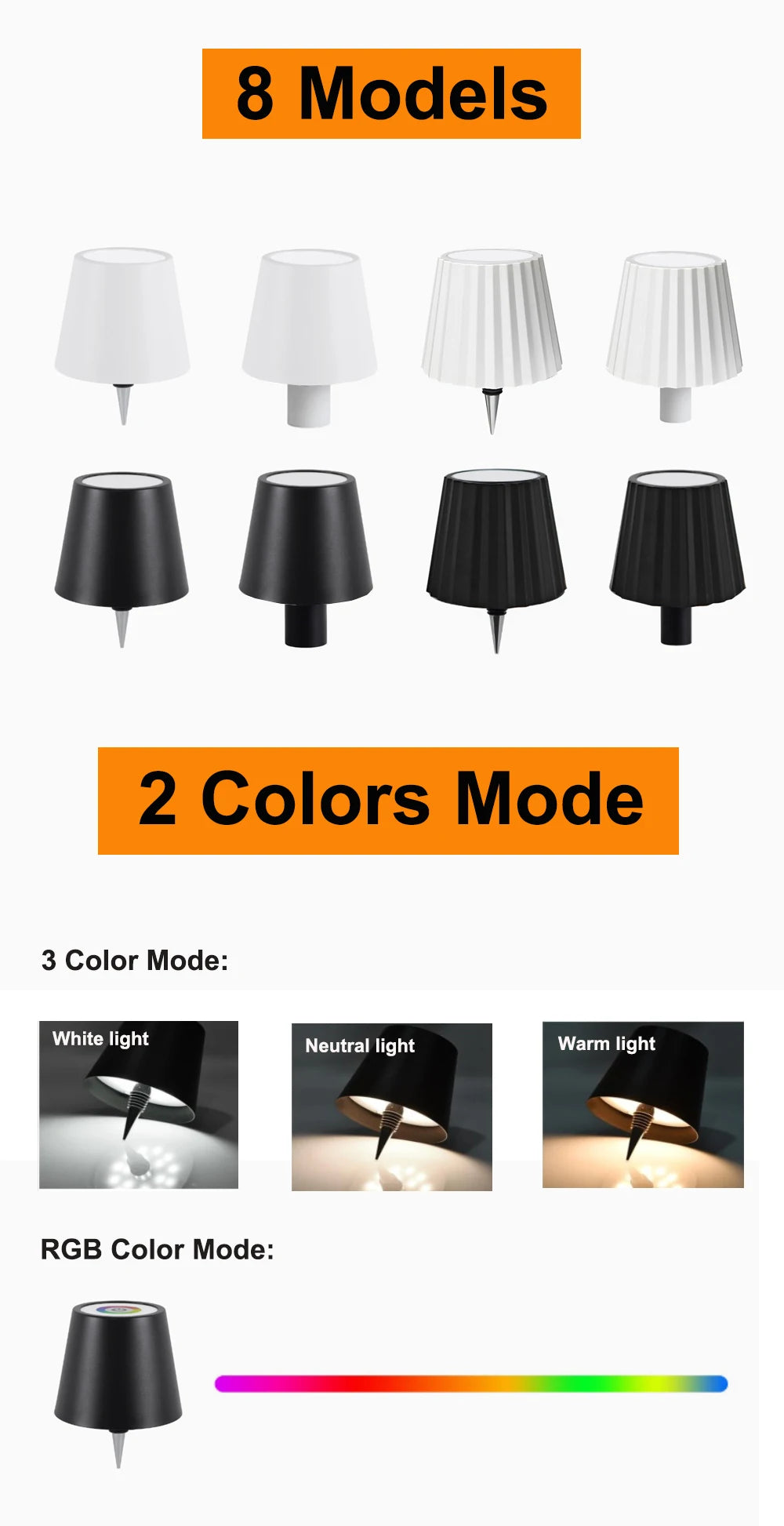 LED bottle lamp models and light modes: 8 styles and 2-colors mode with RGB