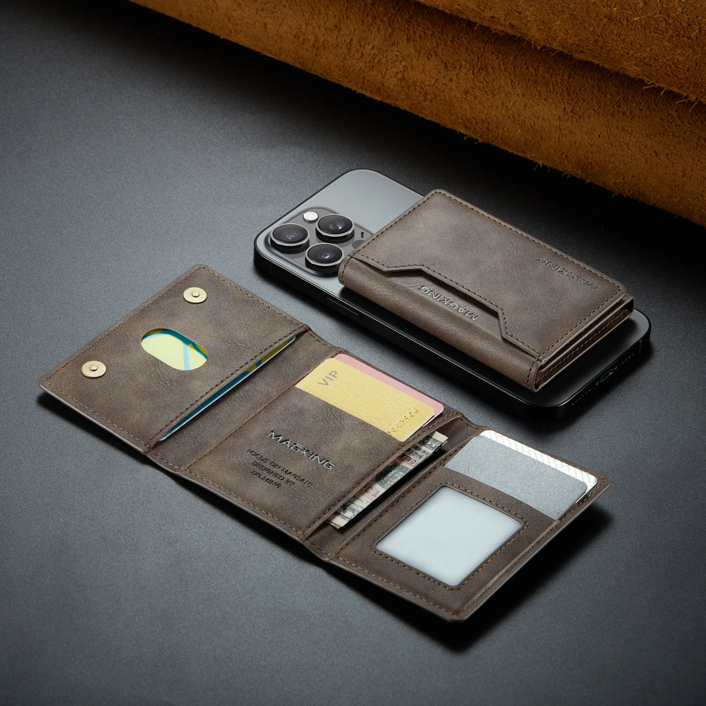 Brown slim leather wallet with card slots, ID window, and snap closure.