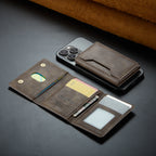 Brown slim leather wallet with card slots, ID window, and snap closure.