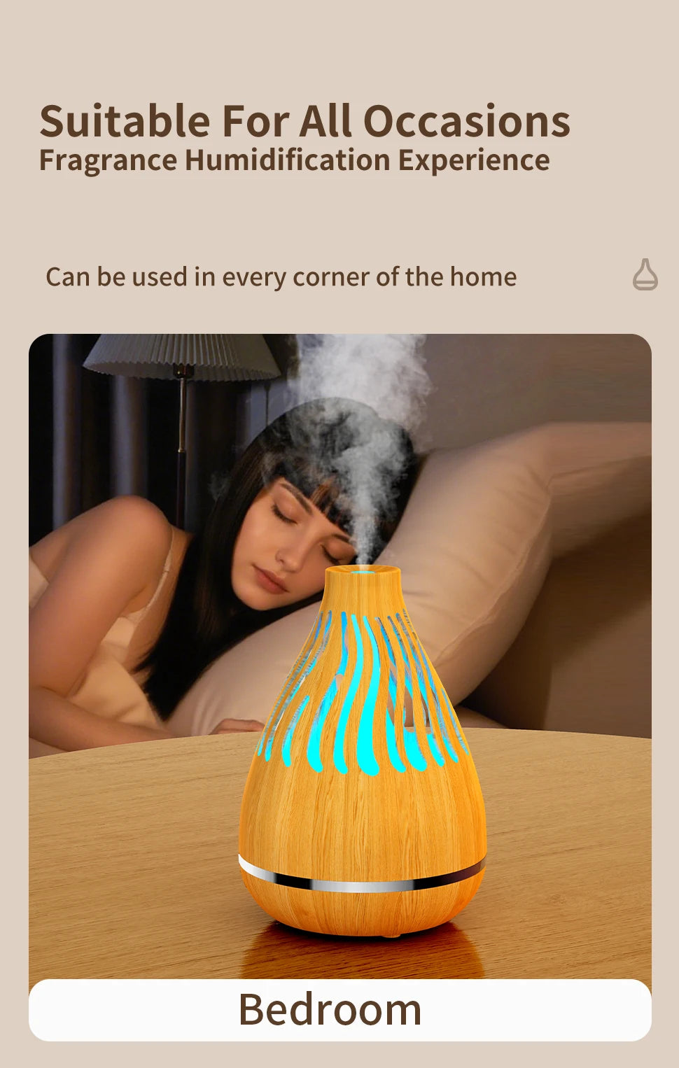 Wood-grain aroma diffuser humidifier with blue LED vent lights, drop-shaped body.