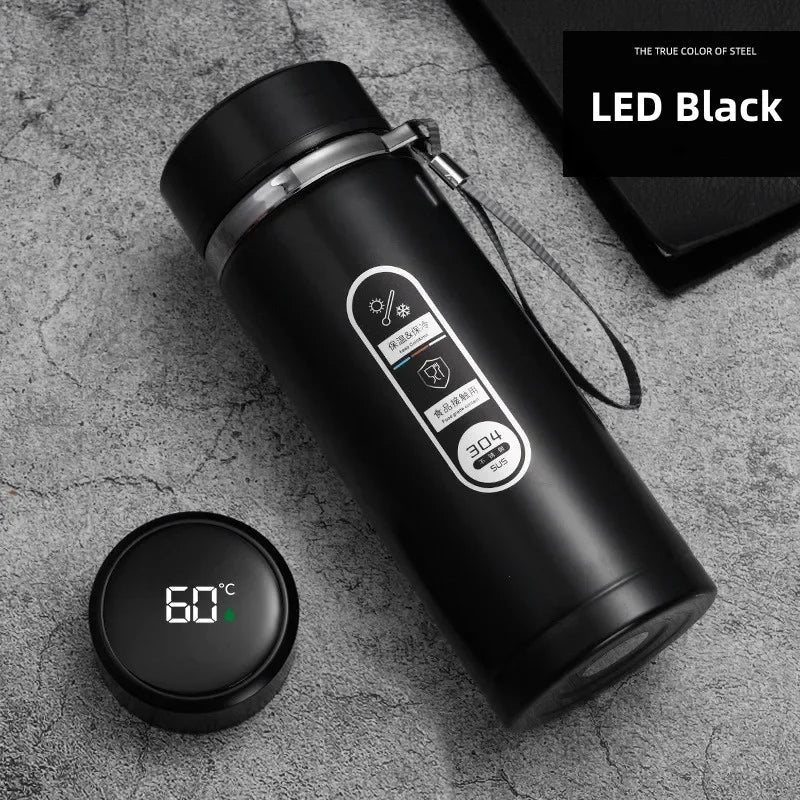 Black LED thermos flask with wrist strap and digital display reading 68°C