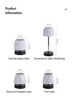 Cordless LED lamp size diagram: white shade, black base, shown upright with 2 height views