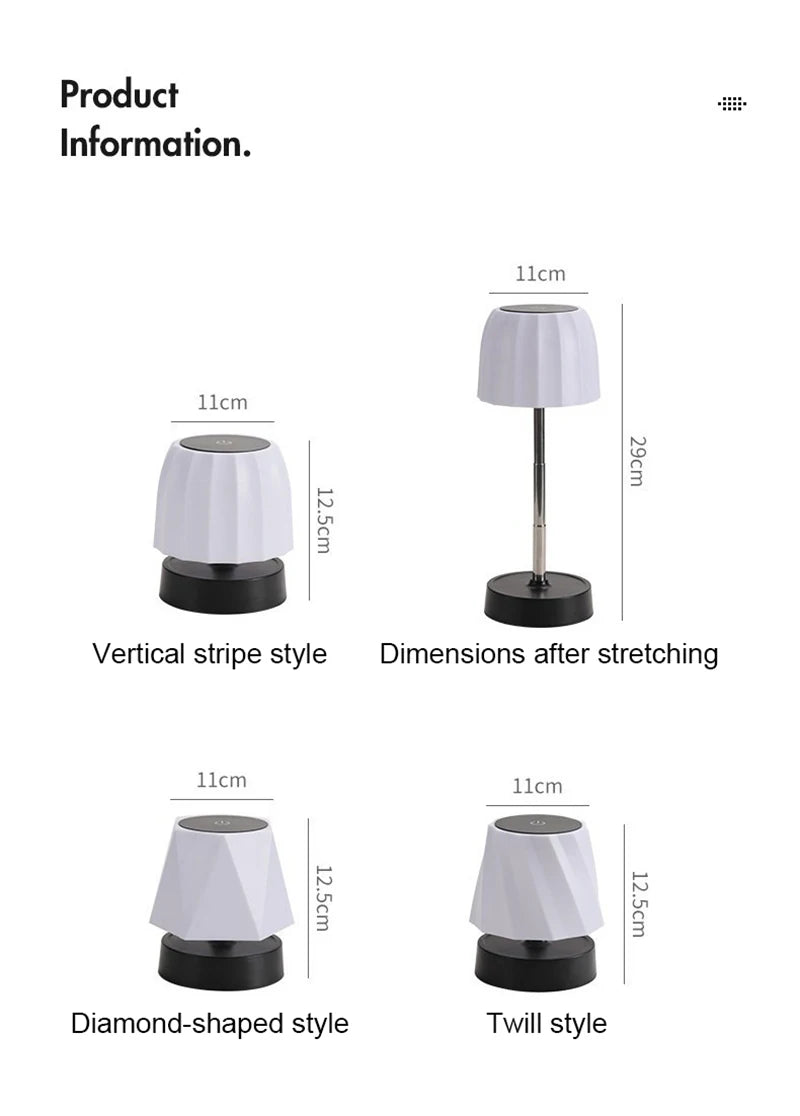 Cordless LED lamp size diagram: white shade, black base, shown upright with 2 height views