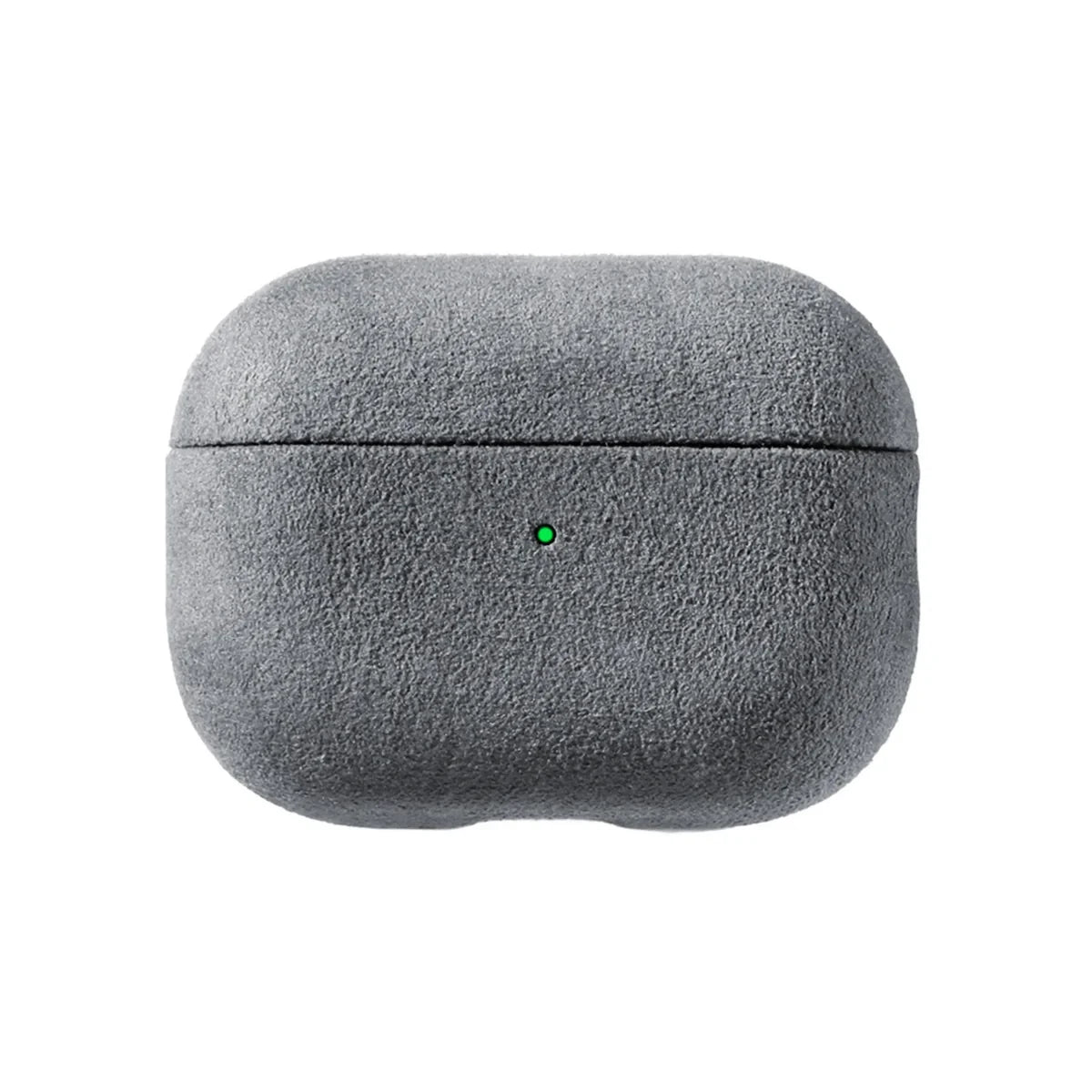 Alcantara AirPods case in light gray, closed case with small green dot