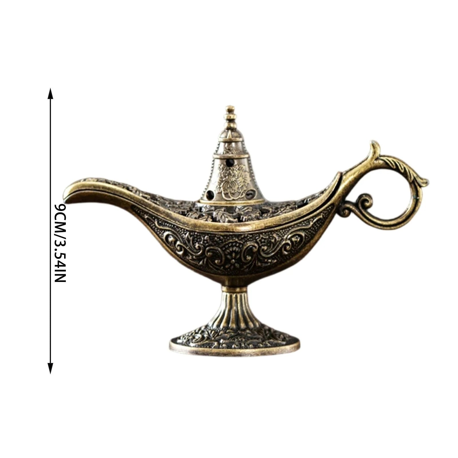 Retro Aladdin lamp incense burner in antique brass, ornate base and curved handle