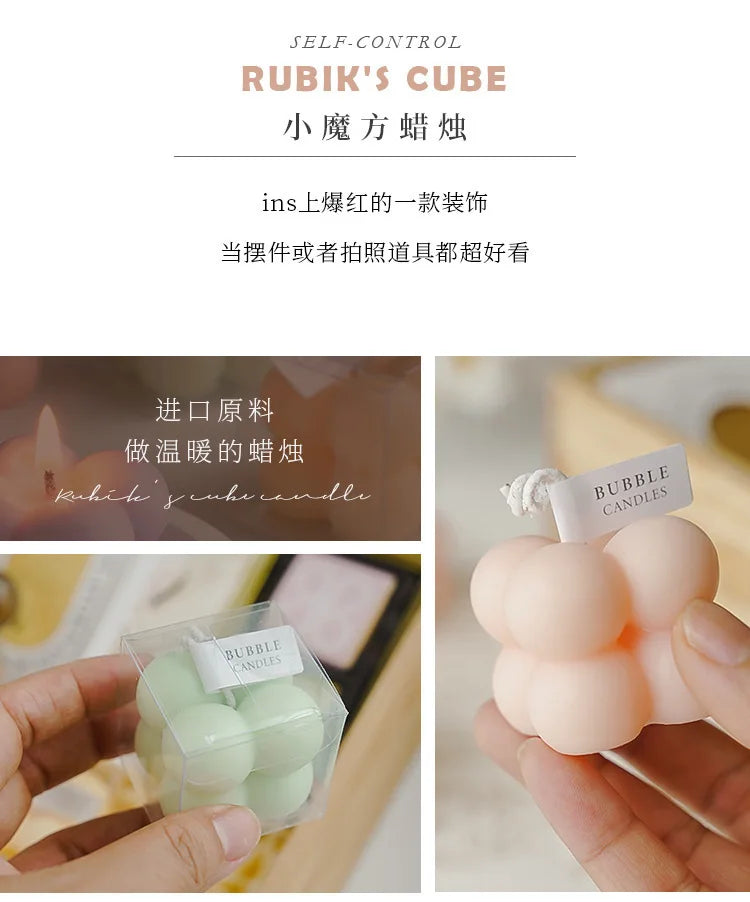 Pastel bubble candle cluster with label, shown in hand