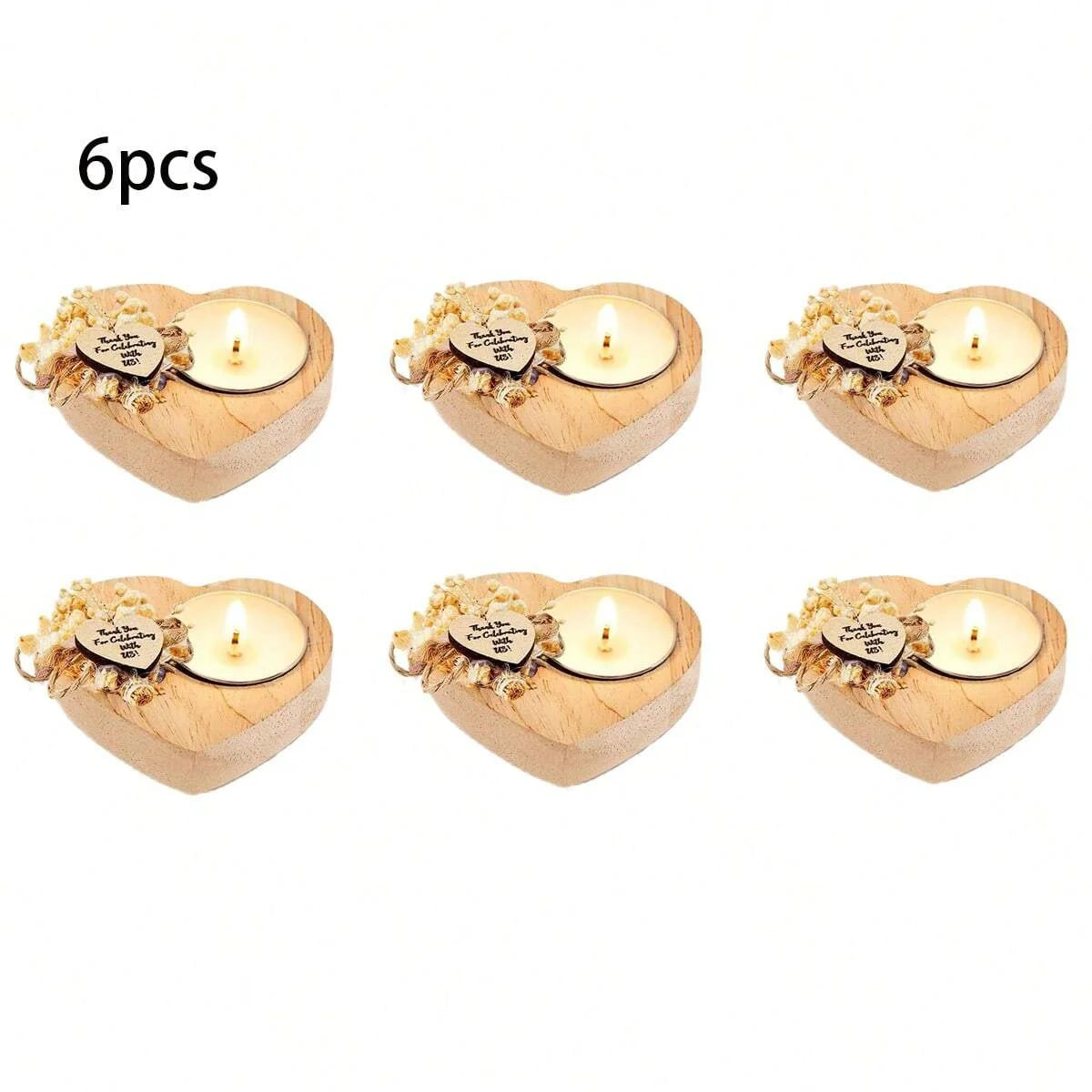 Set of 6 heart-shaped scented candle favors with wooden holders and dried flower accents