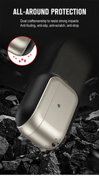 Champagne gold AirPods case with black leather sides and raised protective bumper edge