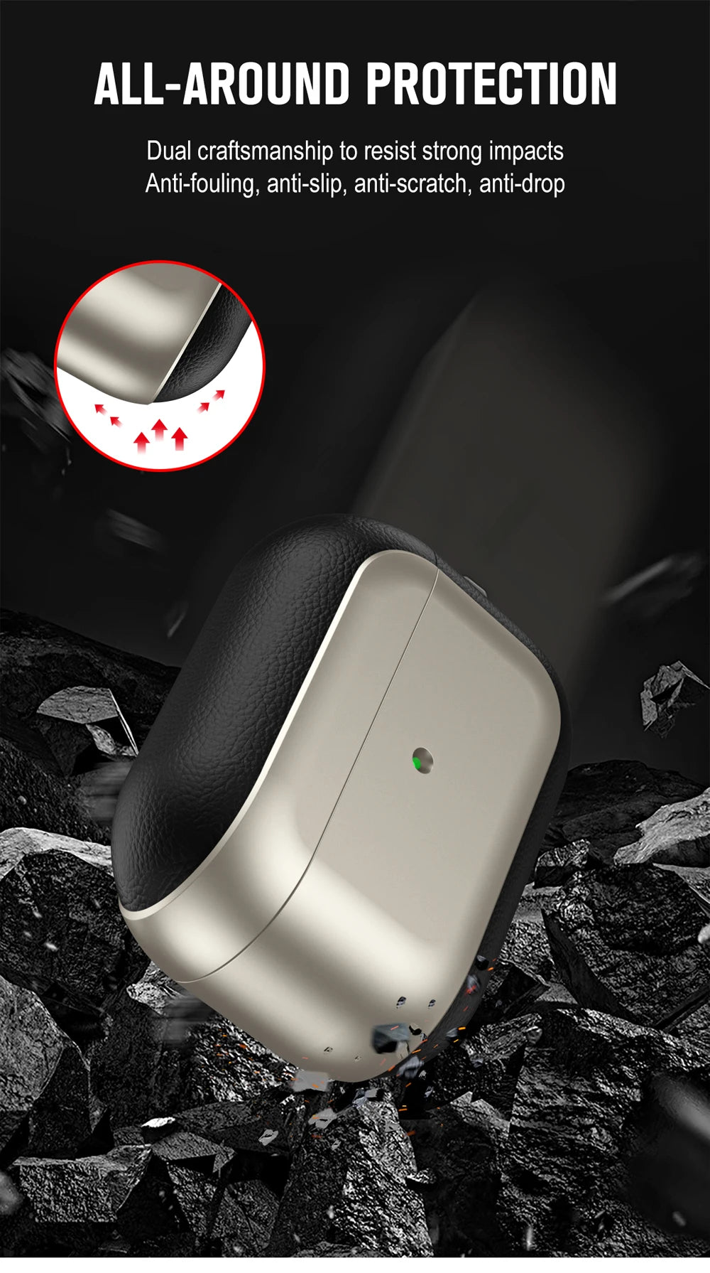 Champagne gold AirPods case with black leather sides and raised protective bumper edge